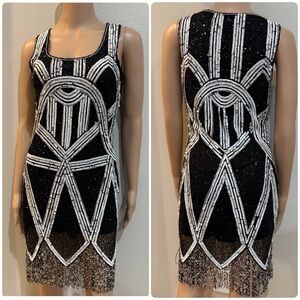 Lara of New York BEADED COCKTAIL FLAPPER DRESS WITH FRINGE.